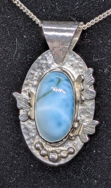Sterling silver pendant with larimar and butterflies, Larimar necklace