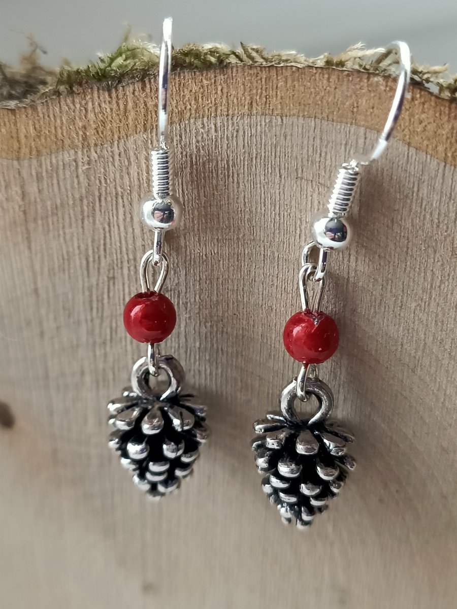 Fir cone silver and red beaded earrings