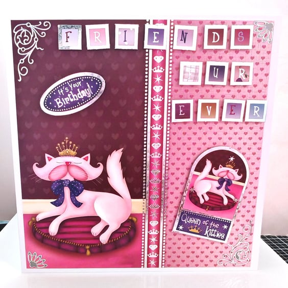 Handmade Birthday Card For Friend, Friends Furever, Pink 3D Cat Greeting Card