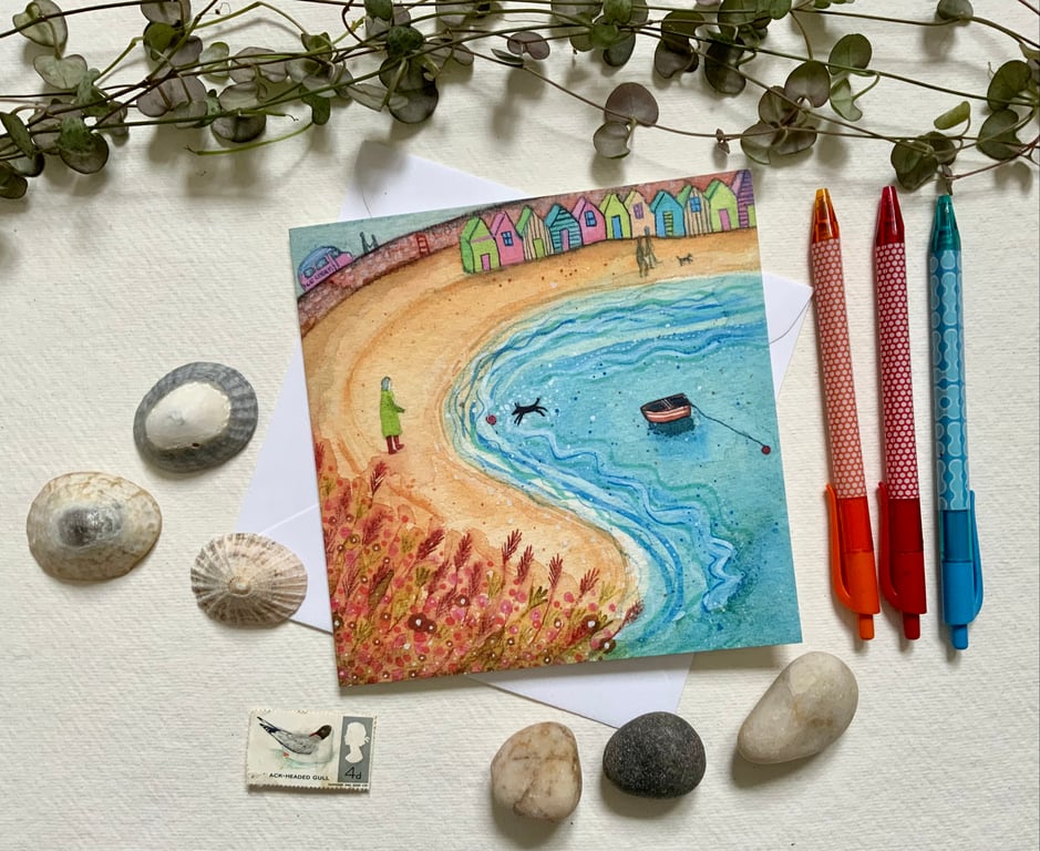 Beach Huts, blank greetings card