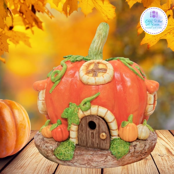 Pumpkin cottage clay fairy house. Fairy house. Pumpkin fairy house.