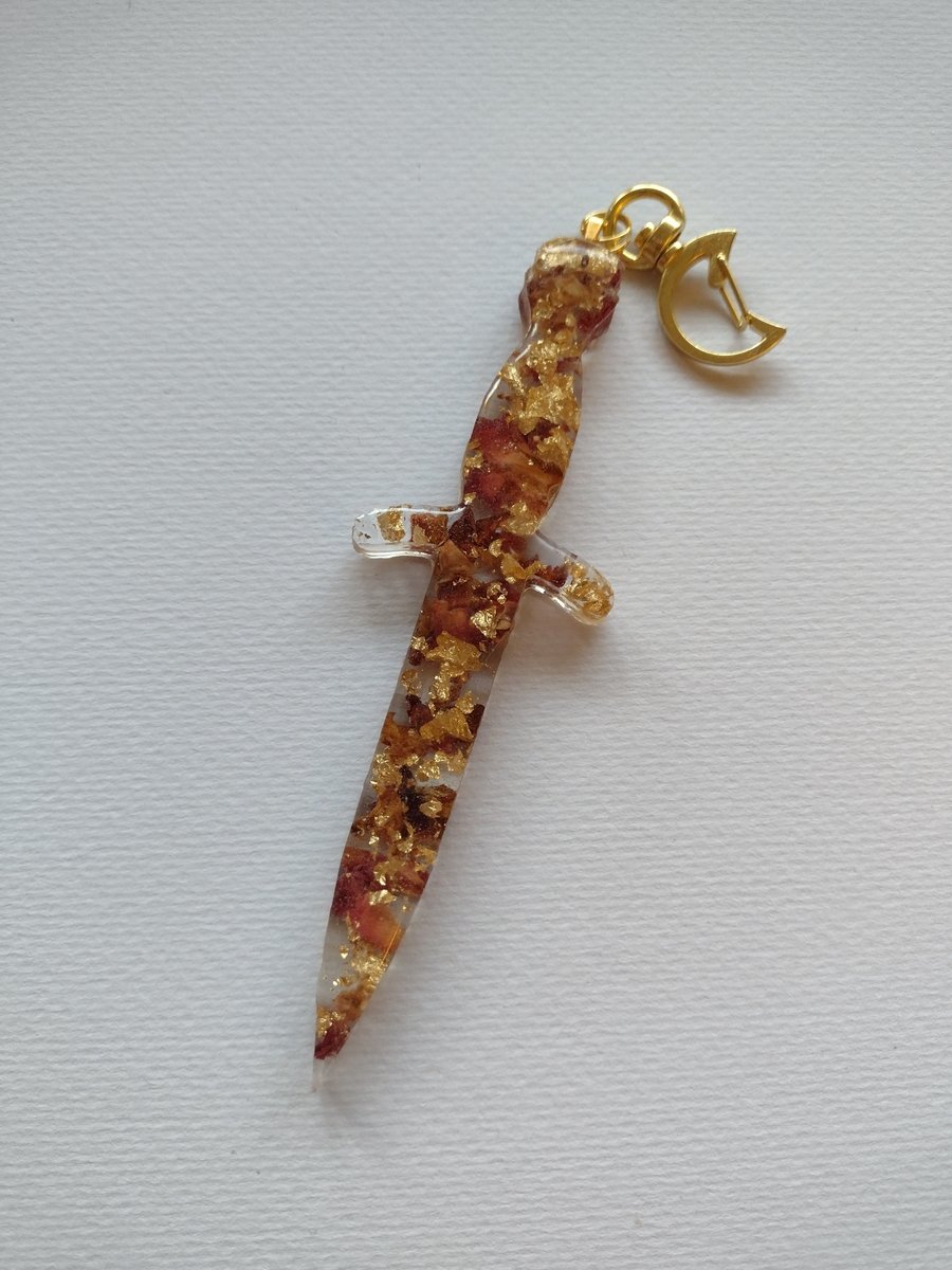 Rose Petal & Gold Leaf Translucent Mini Athame Keychain or Bag charm