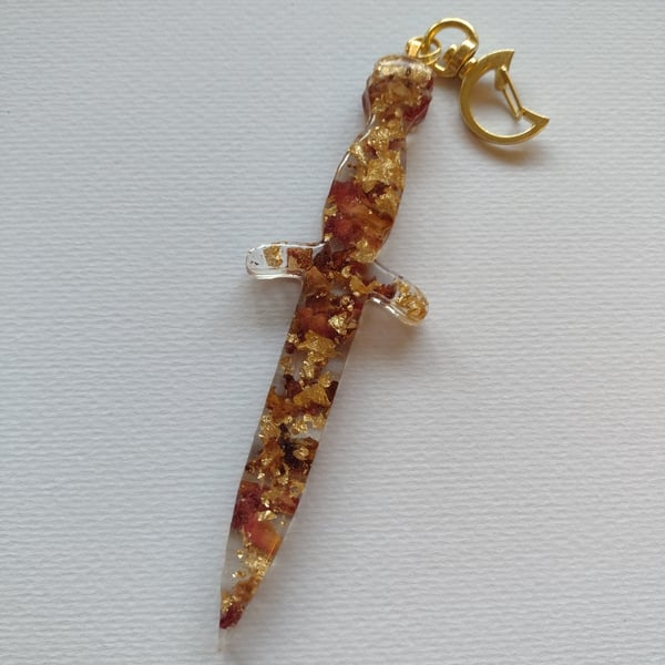 Rose Petal & Gold Leaf Translucent Mini Athame Keychain or Bag charm