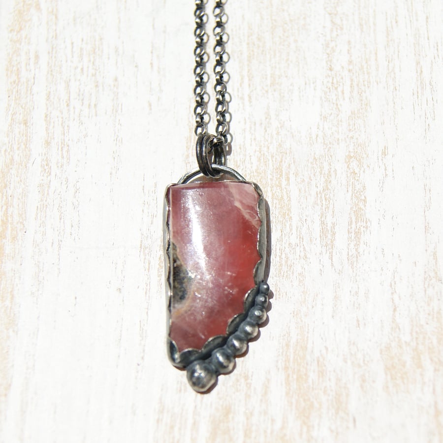 Rhodochrosite Rustic Necklace, Pink Stone Heart Pendant
