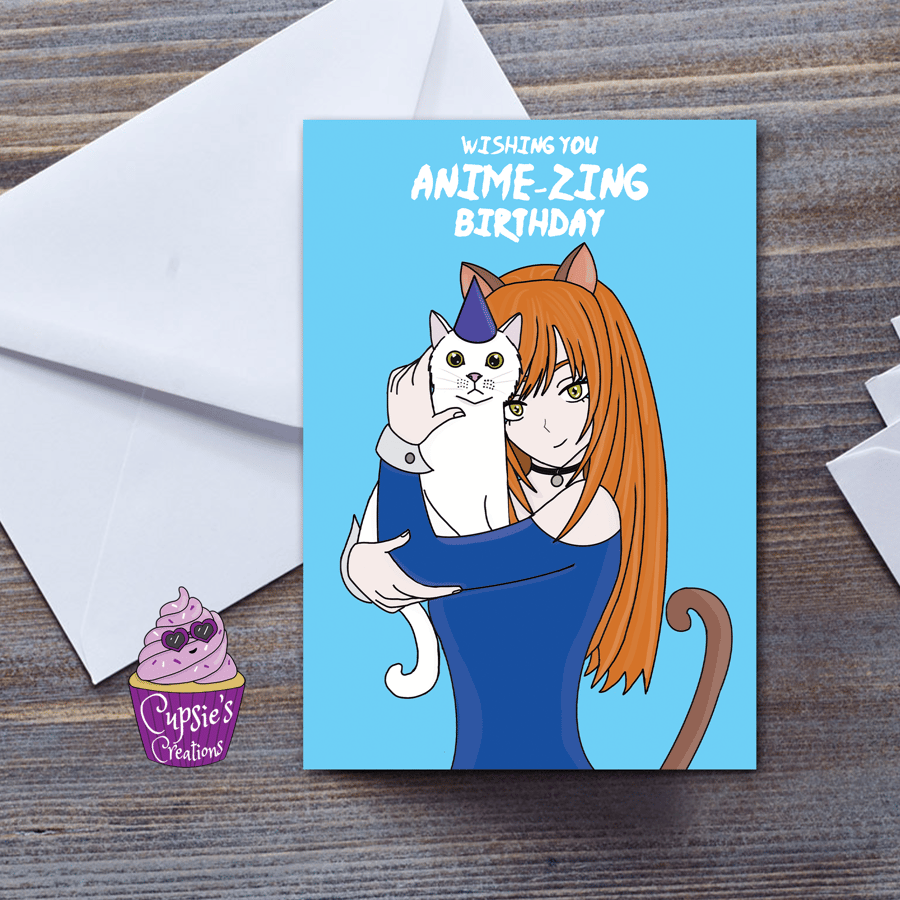 Anime, Manga And Cat Lover Happy Birthday Card For Her