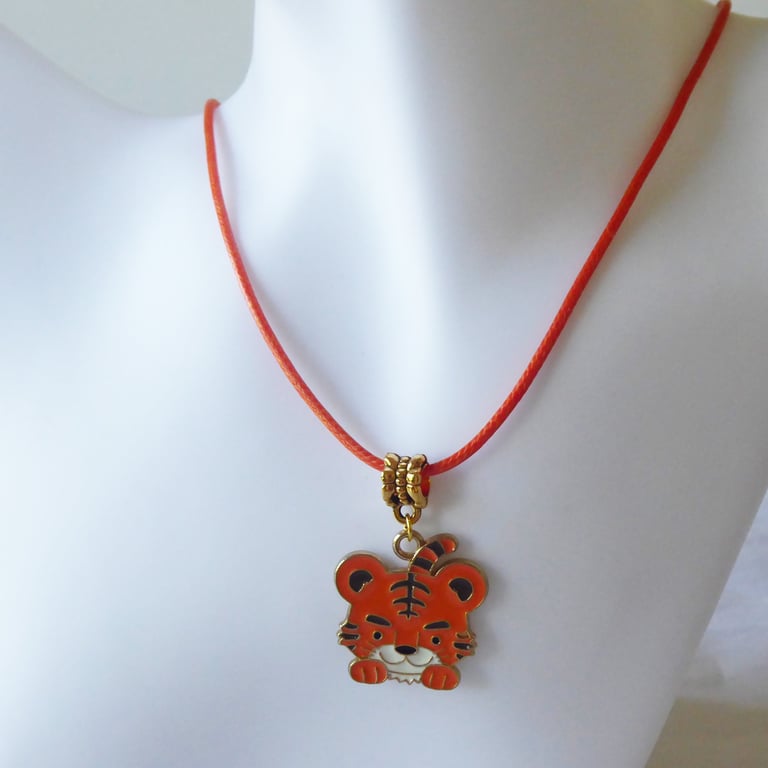 Whimsical Enamelled Tiger with Orange Cord Adjustable Necklace