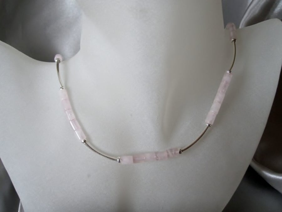 Baby Pink Rose Quartz Column Tubes & Sterling Silver Curves Hand Made Necklace