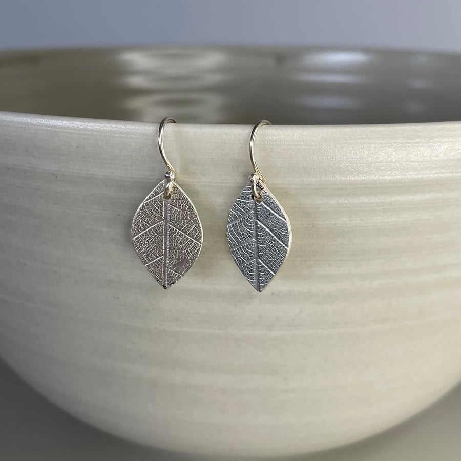 Sterling silver leaf and bark textured leaf shaped drop earrings 