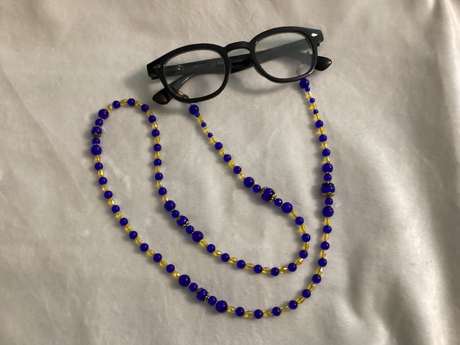 Beaded glasses lanyard, glasses accessories , Moon stone, blue and yellow,