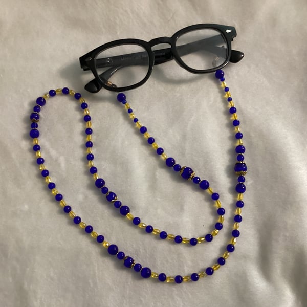 Beaded glasses lanyard, glasses accessories , Moon stone, blue and yellow,