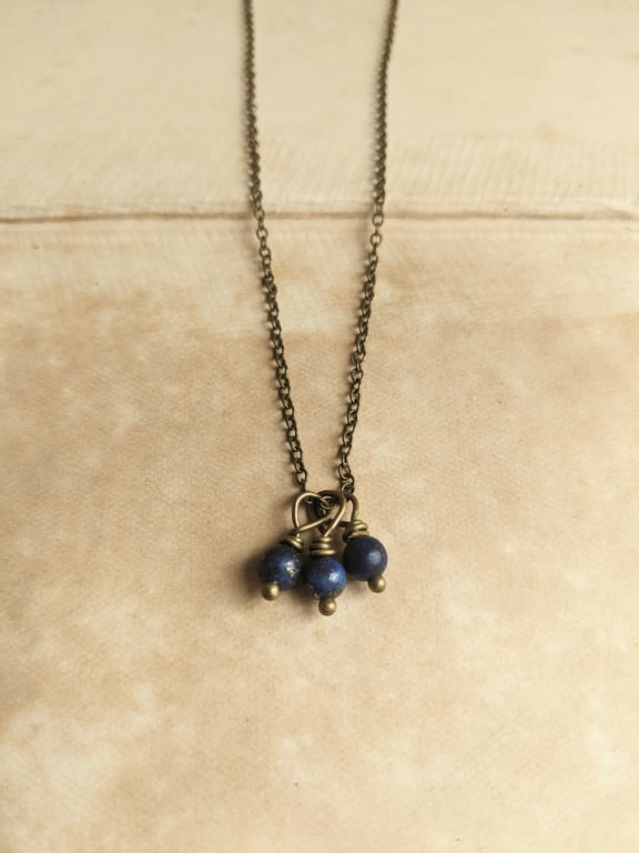 Lapis Gemstone Cluster necklace - blue gems and bronze - 18" chain