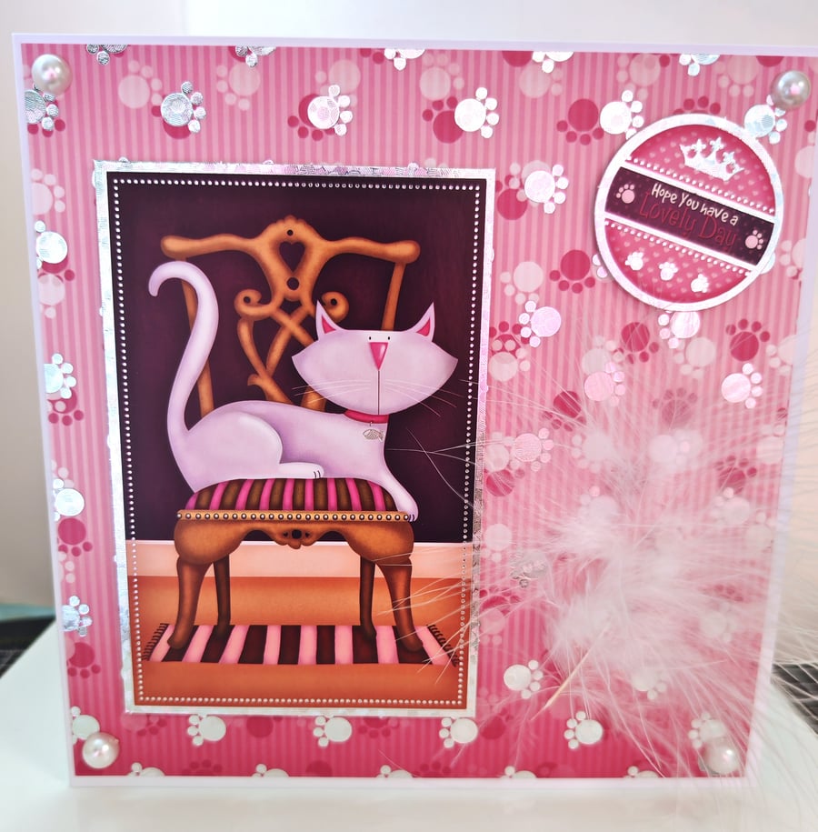 Pink Cat Handmade Birthday Card Cat Lovers Luxury 3D with White Feather 