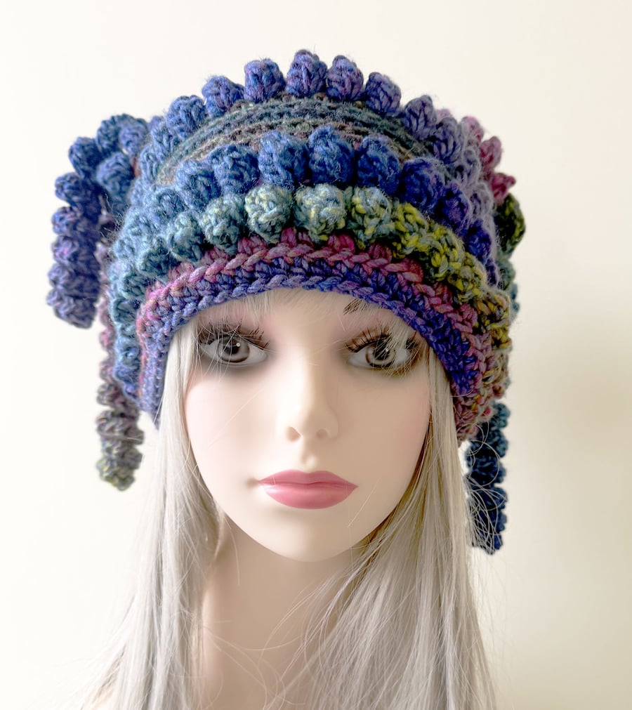 Beanie Festival Hat with Tassels Sea Green and Blue 