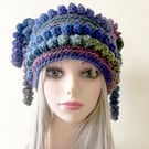 Beanie Festival Hat with Tassels Sea Green and Blue 