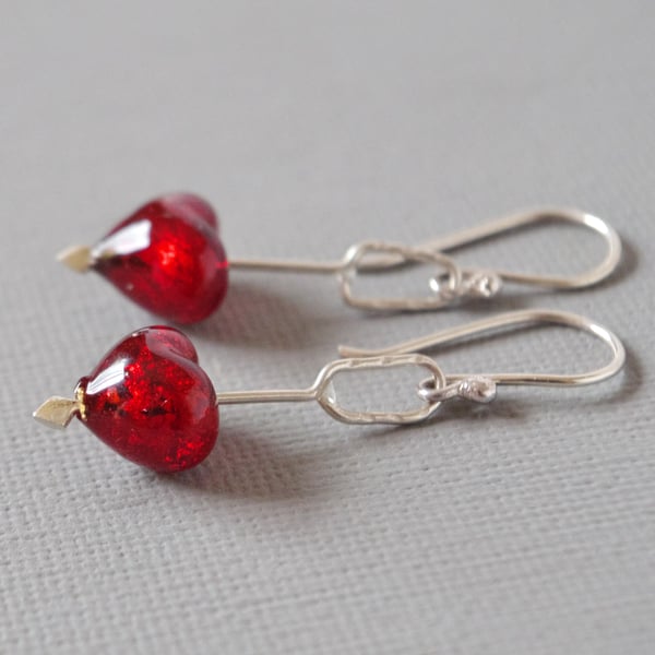 Cupid's Dart 24K Gold Lined Red Murano Heart Sterling Silver Drop Earrings 