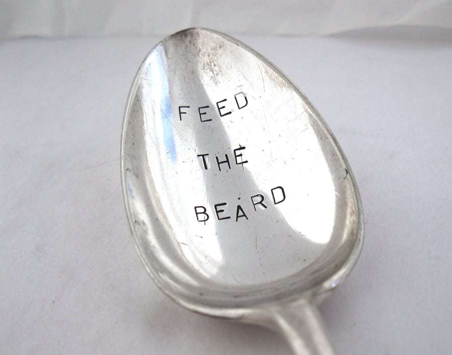 Feed the Beard, Handstamped Vintage Dessert Spoon