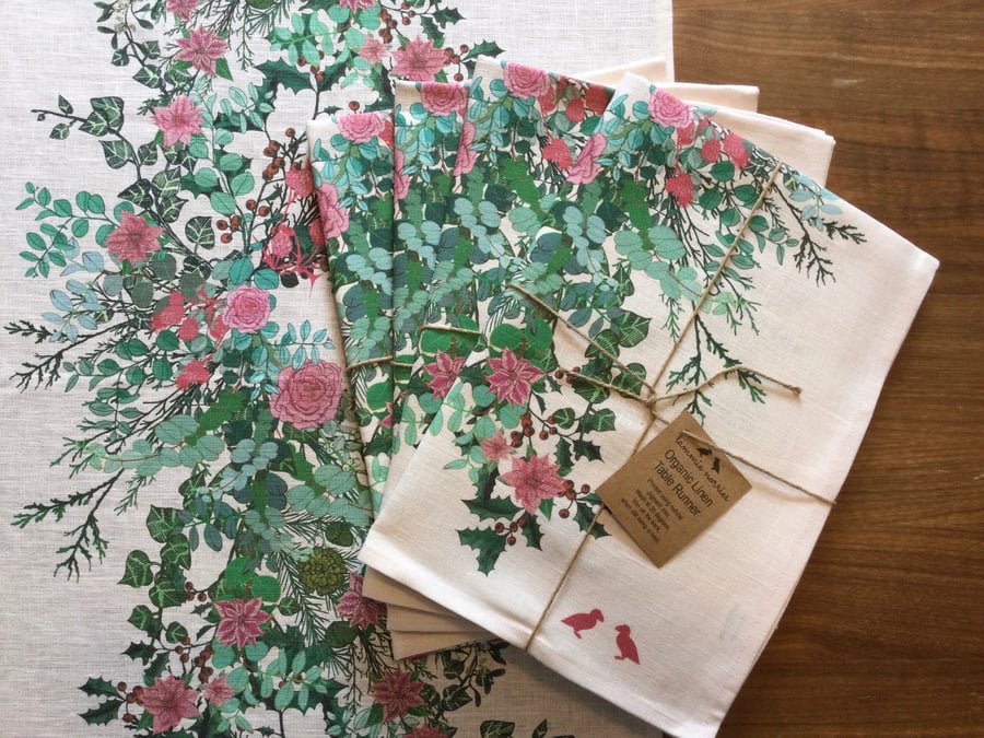 Organic Linen Table Runner, Christmas Table Runner, Floral Table Runner 