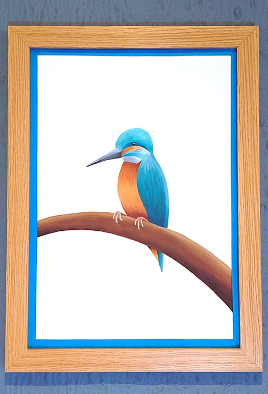 Handmade Unique Framed A3 Print Colourful Kingfisher Dark Blue Border Wallart