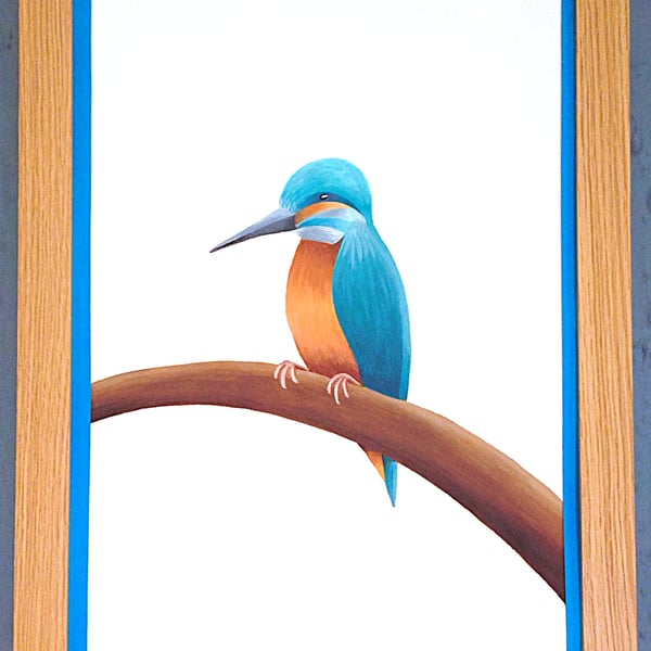Handmade Unique Framed A3 Print Colourful Kingfisher Dark Blue Border Wallart