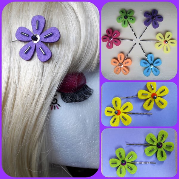 Felt Flower hair slides. Pretty colours. Sold in pairs