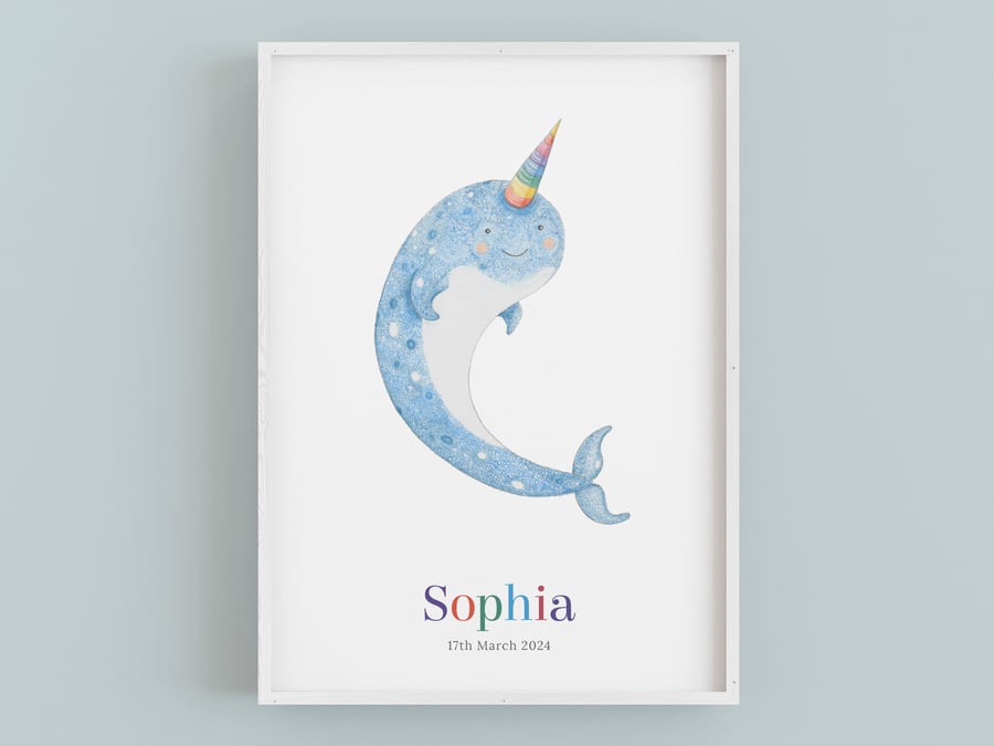 Personalised narwhal nursery decor: Baby name wall art, first birthday gift