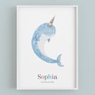 Personalised narwhal nursery decor: Baby name wall art, first birthday gift
