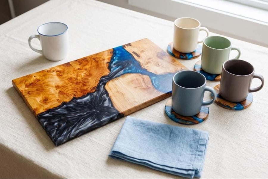 Dinner Party Handcrafted Wood and Blue-Black Resin Charcuterie Boards 
