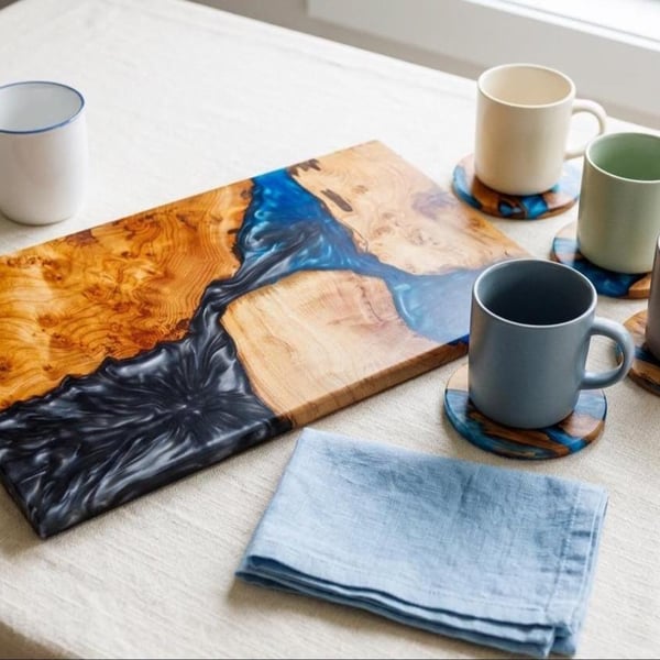 Dinner Party Handcrafted Wood and Blue-Black Resin Charcuterie Boards 