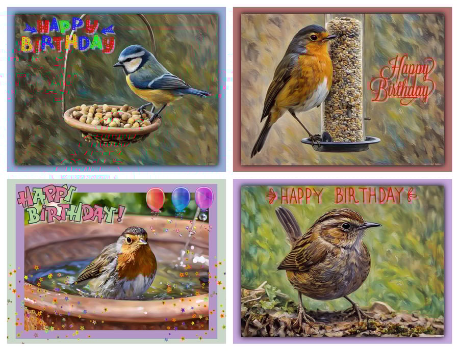 Pack of 4 Garden Birds Birthday Greeting Cards A5