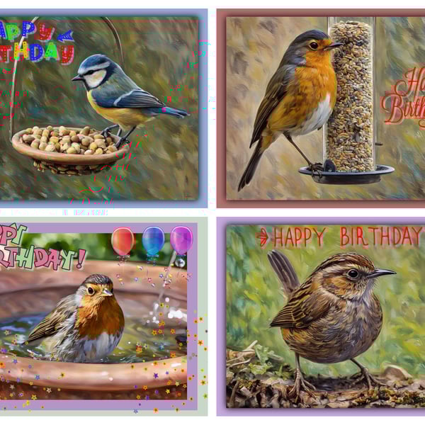 Pack of 4 Garden Birds Birthday Greeting Cards A5