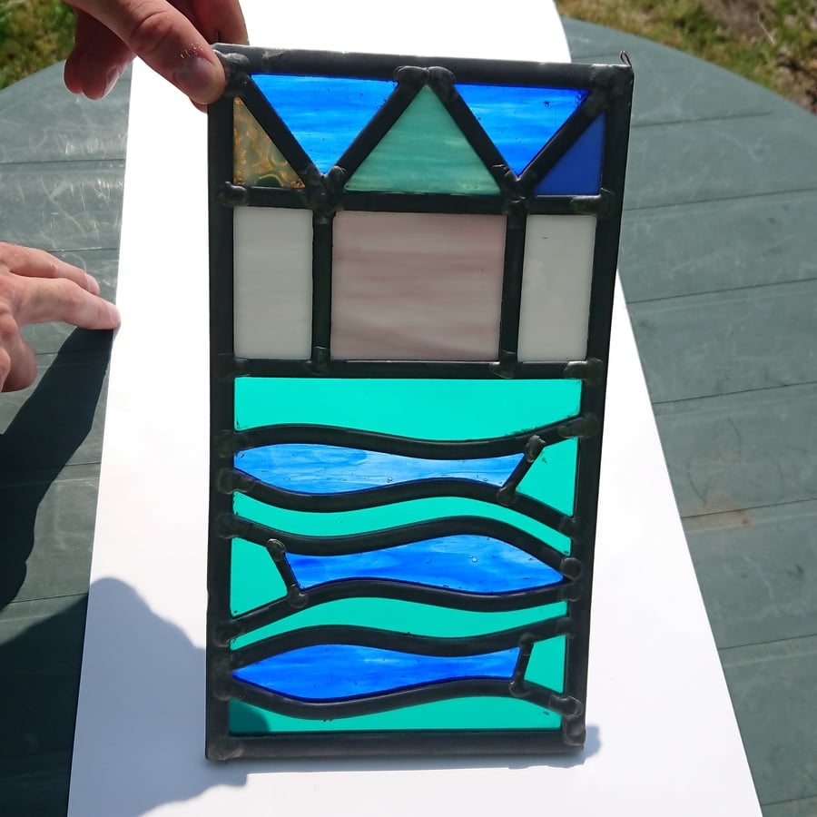 SOLD Stained glass leaded panel - three fishes and beach huts