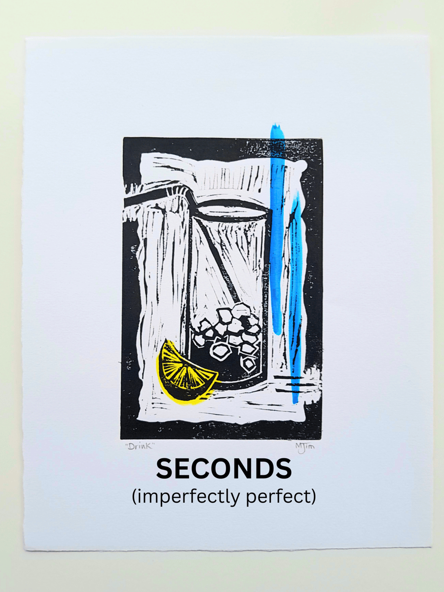 SECONDS Imperfect Handprinted Drink Linocut Imperfect Linoprint Cocktail