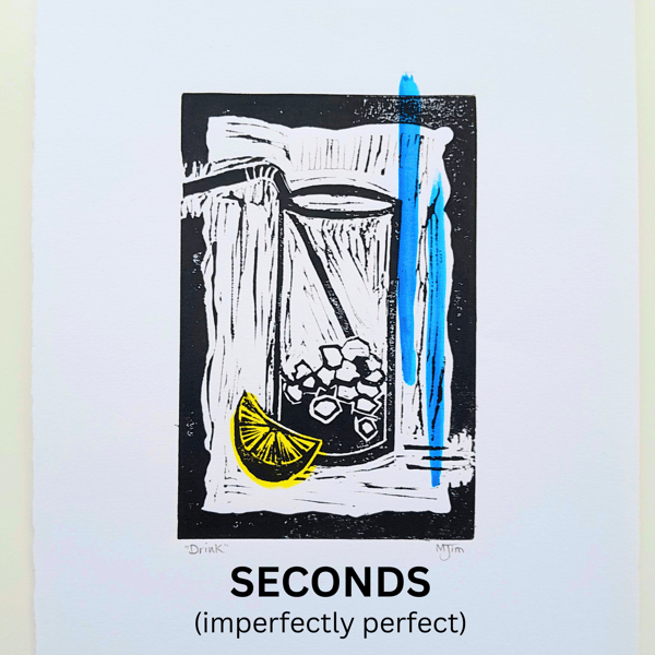 SECONDS Imperfect Handprinted Drink Linocut Imperfect Linoprint Cocktail