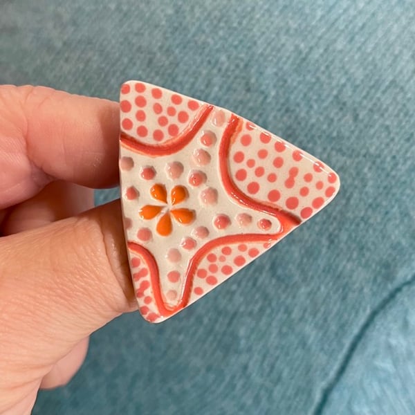 Handmade Ceramic Triangular Starfish brooch, Hand Made Badge