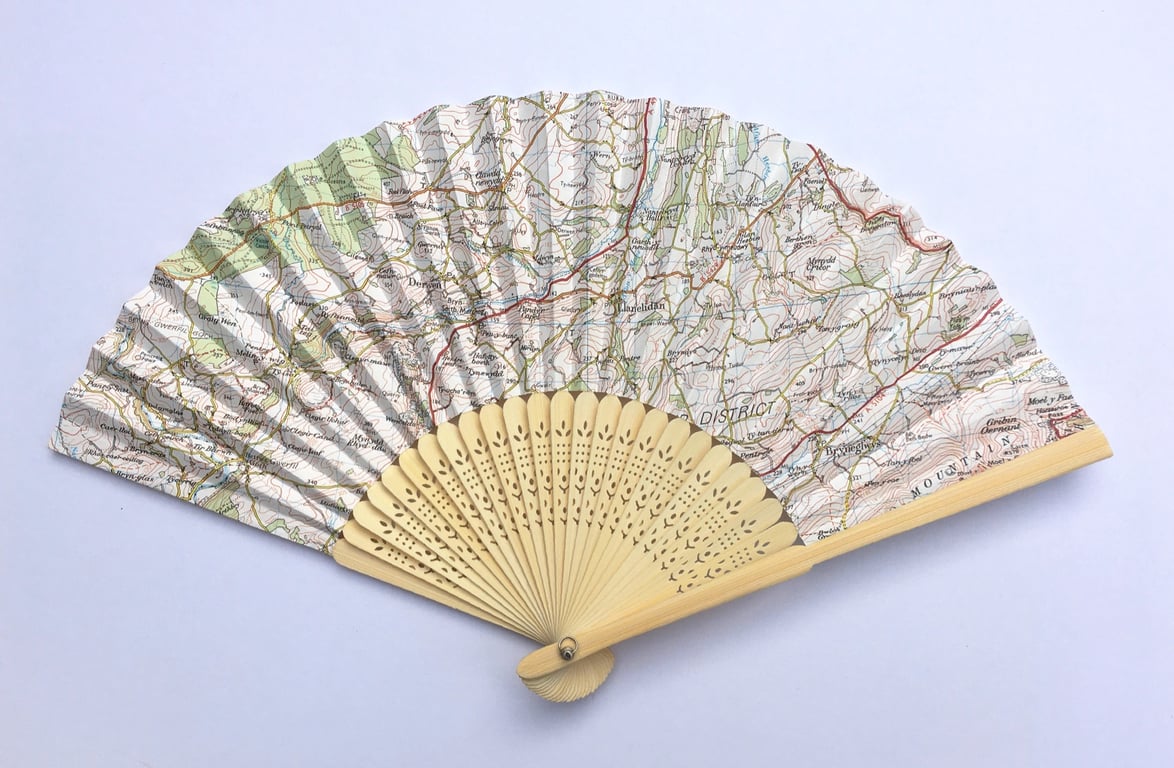 Unique handmade Fan, using recycled map paper, map shows Denbighshire in Wales