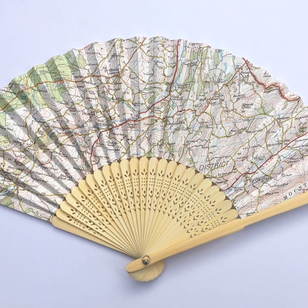 Unique handmade Fan, using recycled map paper, map shows Denbighshire in Wales