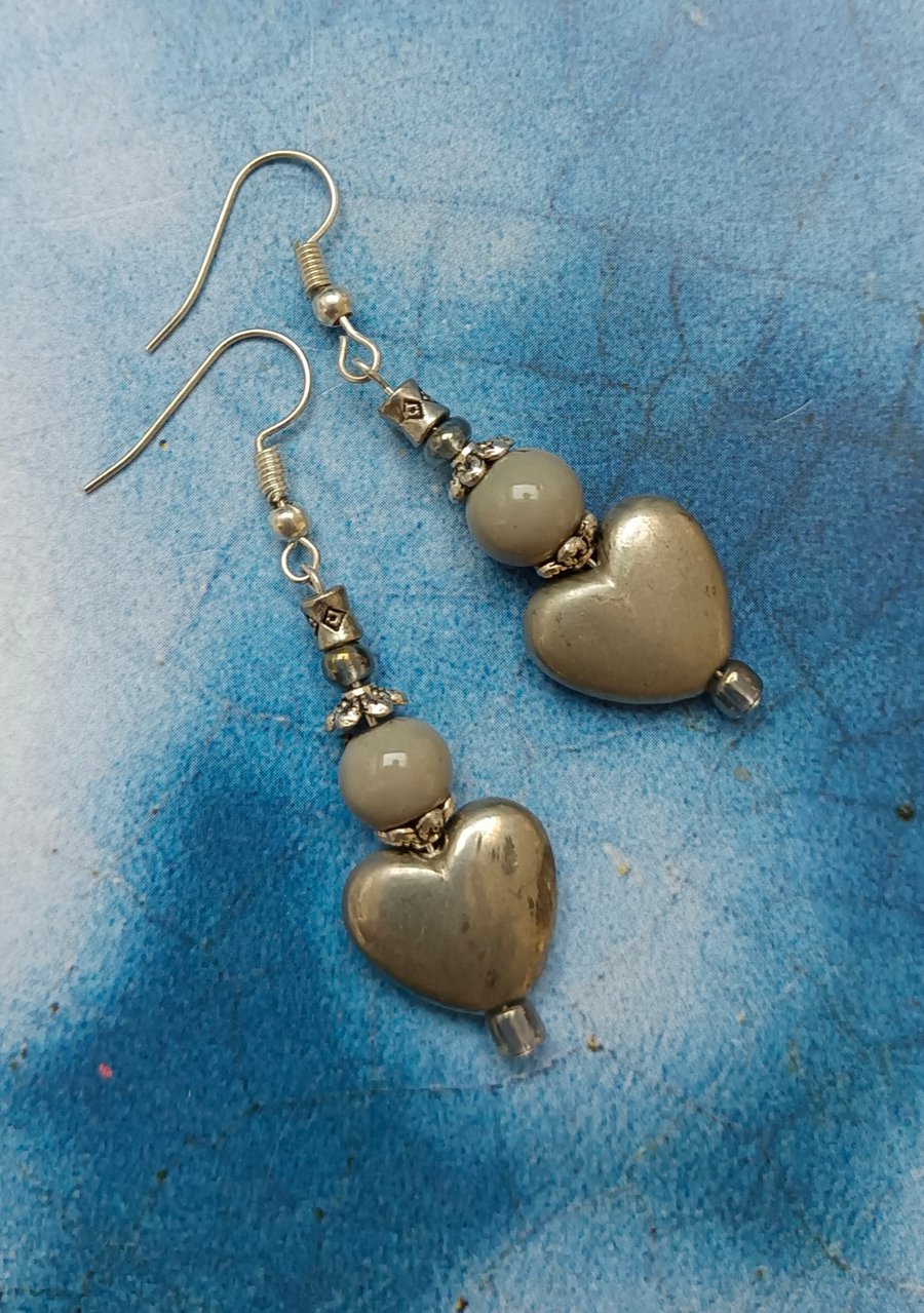 Silver Heart Earrings with Glass and Ceramic Beads