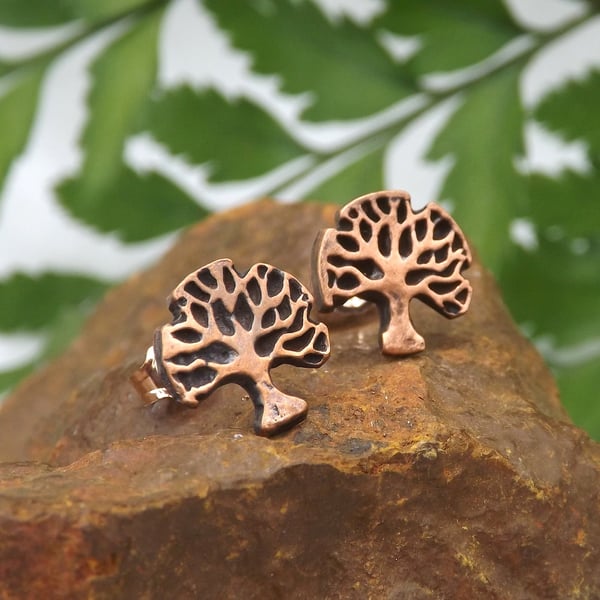 Recycled Copper Tree Of Life Stud Earrings.
