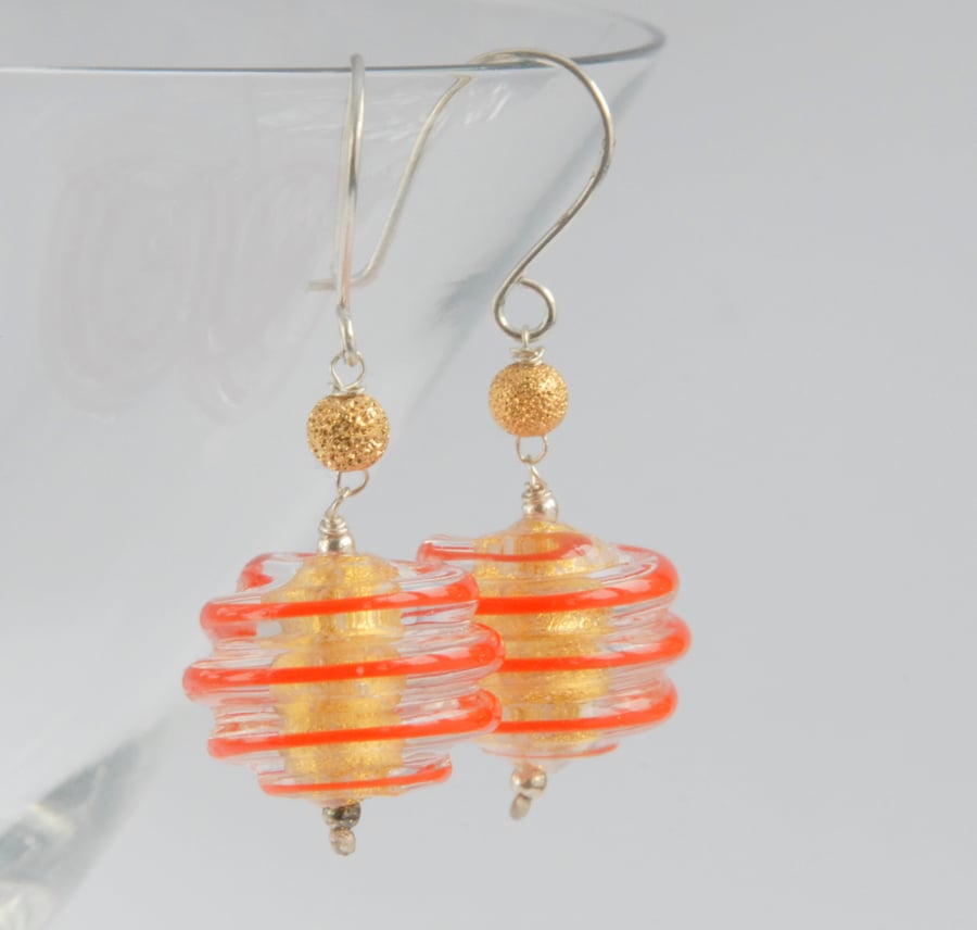 Gold foil and orange swirl murano glass bead with sterling silver earrings