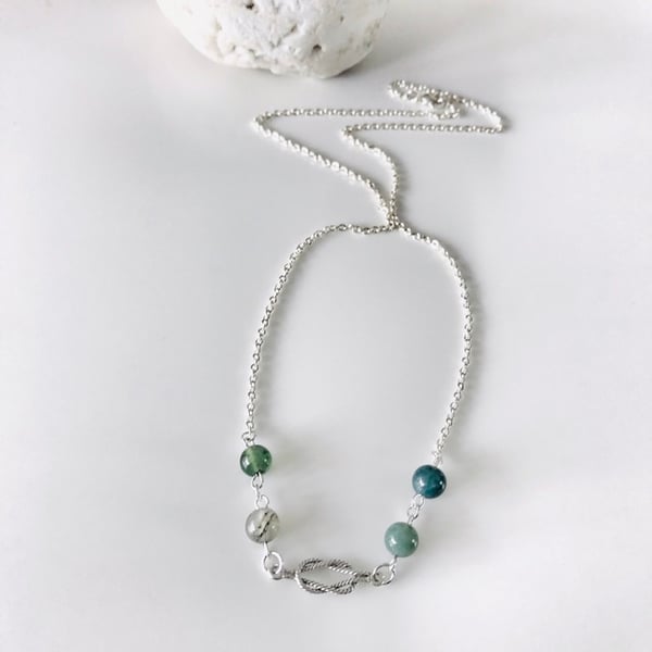 Nautical necklace with Indian Agate semi precious beads and sterling silver 
