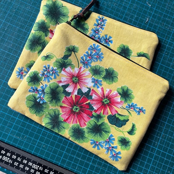 Reclaimed floral cotton zip pouch yellow purse
