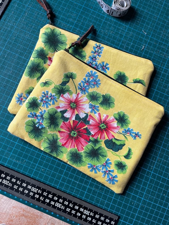 Reclaimed floral cotton zip pouch yellow purse