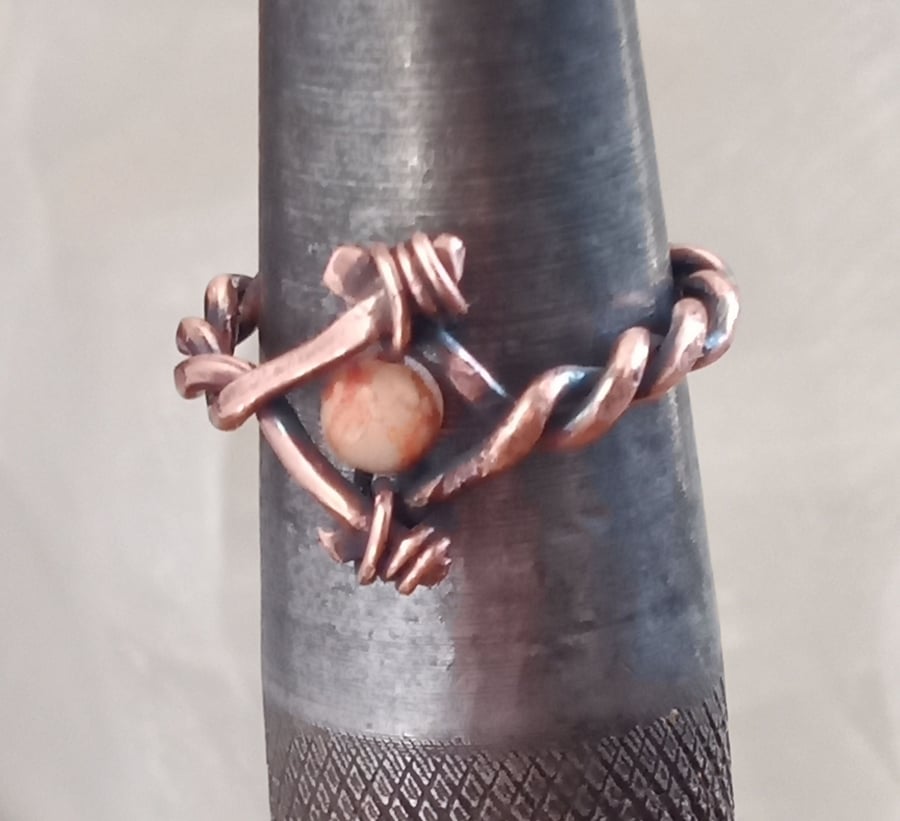 Rustic Copper Wire Cross Unisex Thumb Finger Ring with Ceramic Bead
