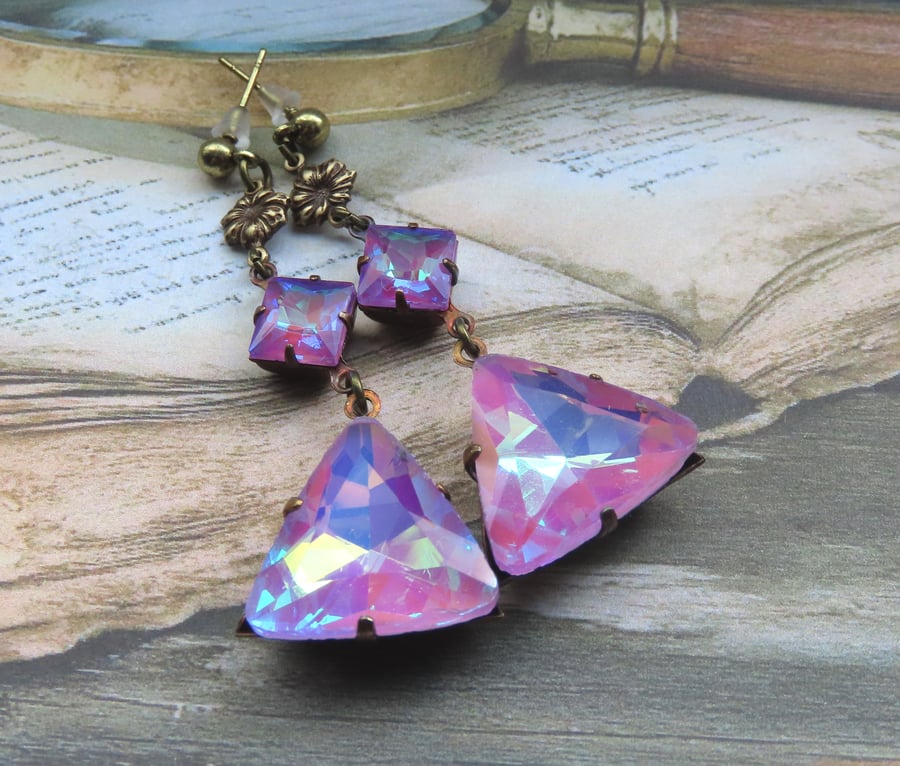 Art Deco Triangular Electric Lavender Crystal Drops and Antiqued Brass Earrings