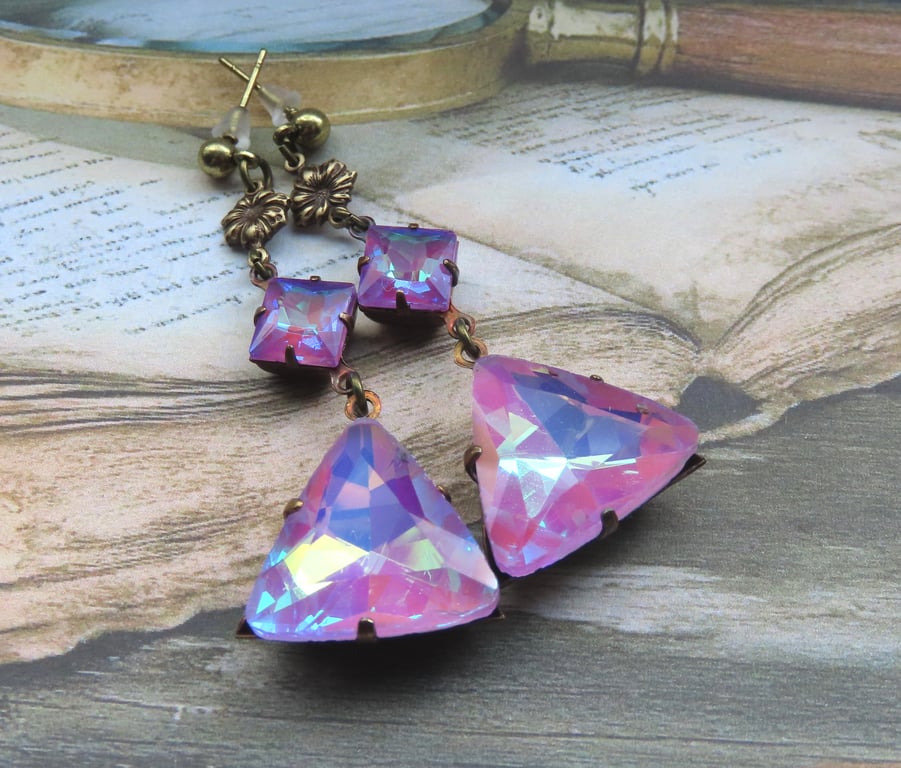 Art Deco Triangular Electric Lavender Crystal Drops and Antiqued Brass Earrings