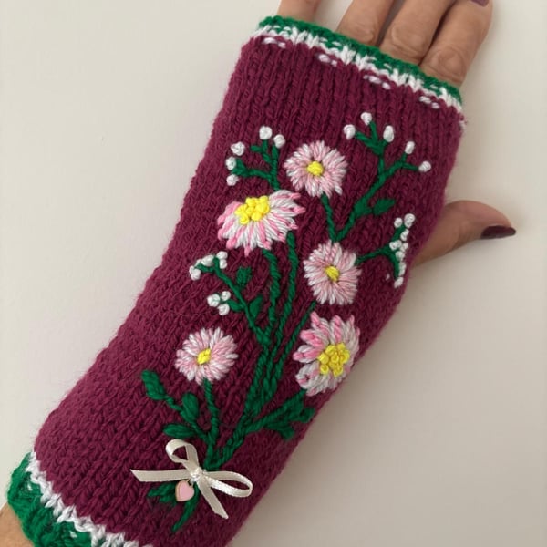Knitted and Embroidered Gloves Dark Pink With Pale Pink Flowers (J141)