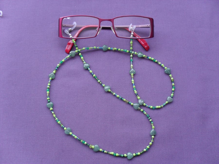 Green Aventurine Hearts and Seed Bead Spectacle Chain
