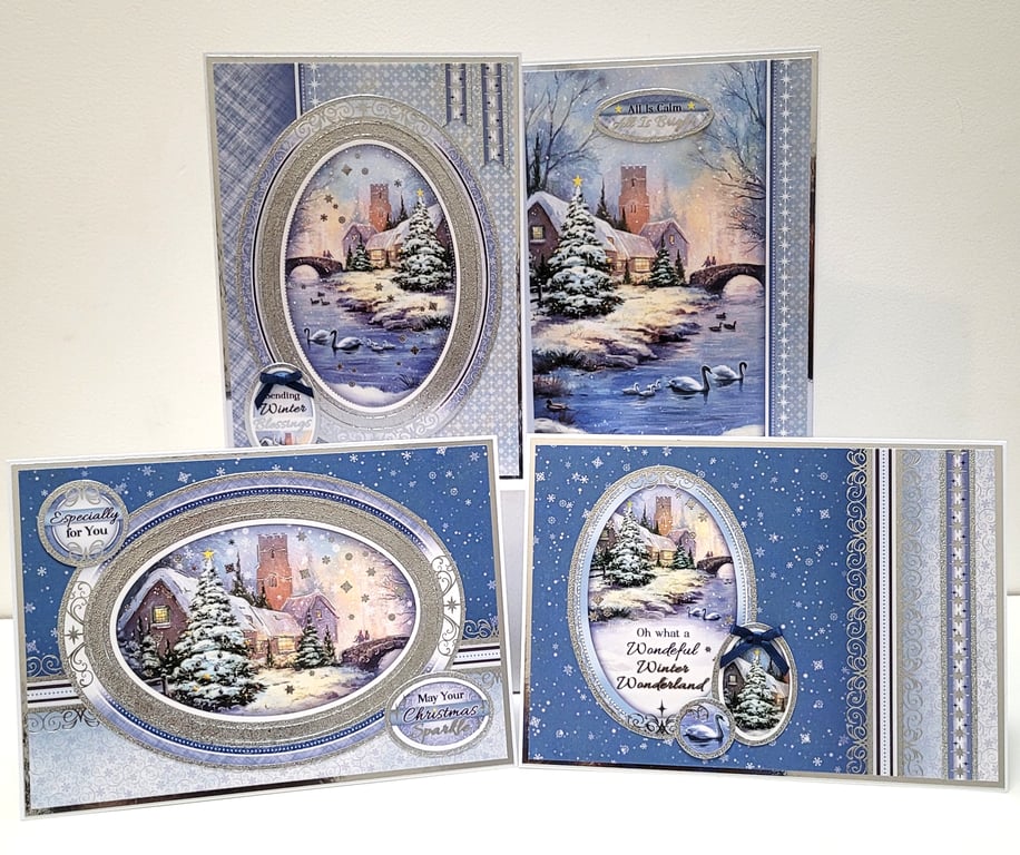 Set of 4 Christmas Cards - Snowy Village Winter Wonderland 