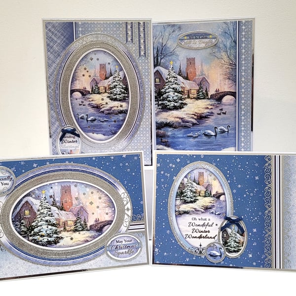 Set of 4 Christmas Cards - Snowy Village Winter Wonderland 