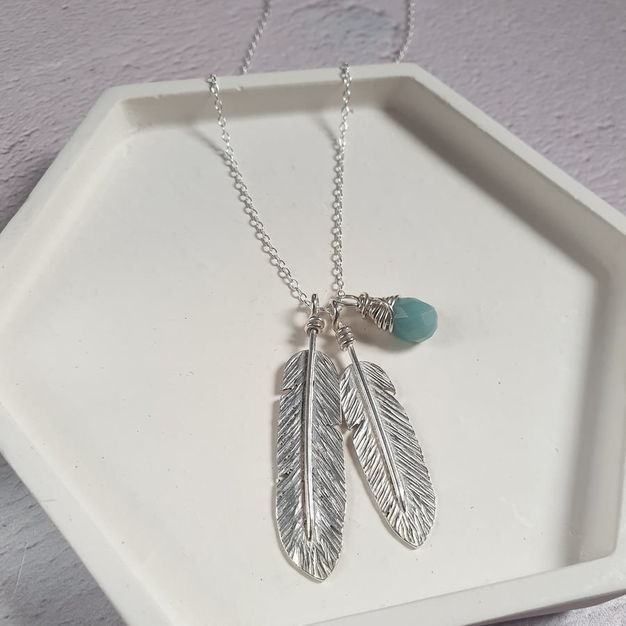Feather Necklace - Sterling Silver Hammered Feather Design Necklace 